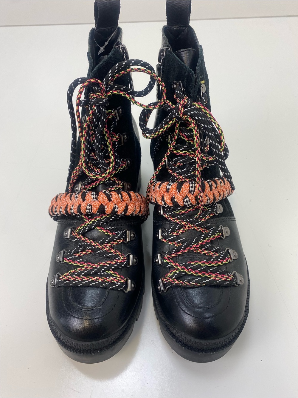 SCHUTZ Black Combat Boots with Orange Braided Trim